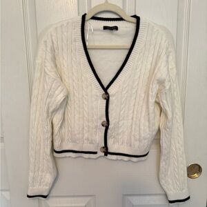 Love Tree White Cable Knit Cardigan with Black Trim